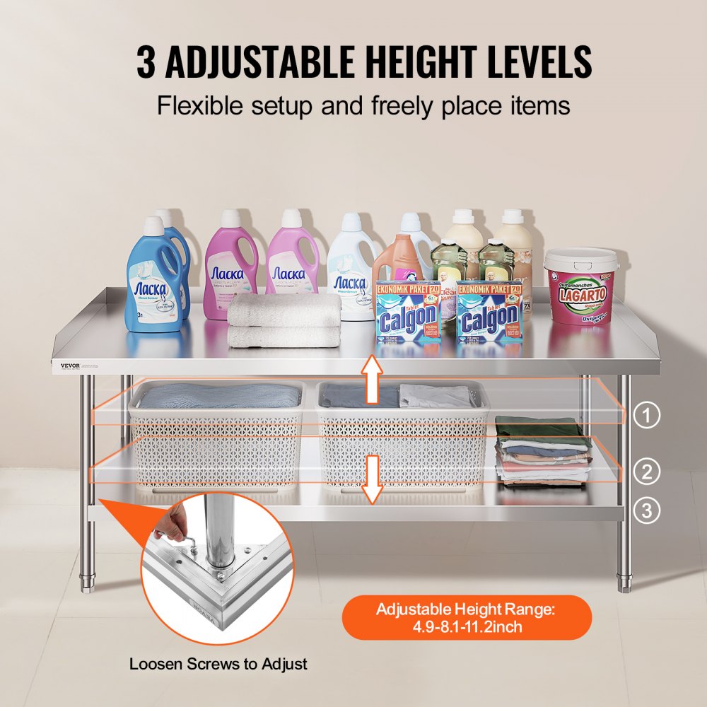 Stainless Steel Work Table, 30 x 60 x 26 Inch Commercial Food Prep Worktable, 3-Sided Backsplash Heavy Duty Prep Worktable, Metal Work Table with Adjustable Height for Restaurant Home Hotel