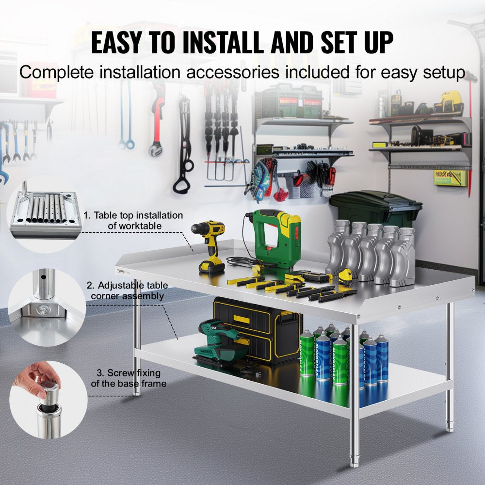 Stainless Steel Work Table, 30 x 60 x 26 Inch Commercial Food Prep Worktable, 3-Sided Backsplash Heavy Duty Prep Worktable, Metal Work Table with Adjustable Height for Restaurant Home Hotel