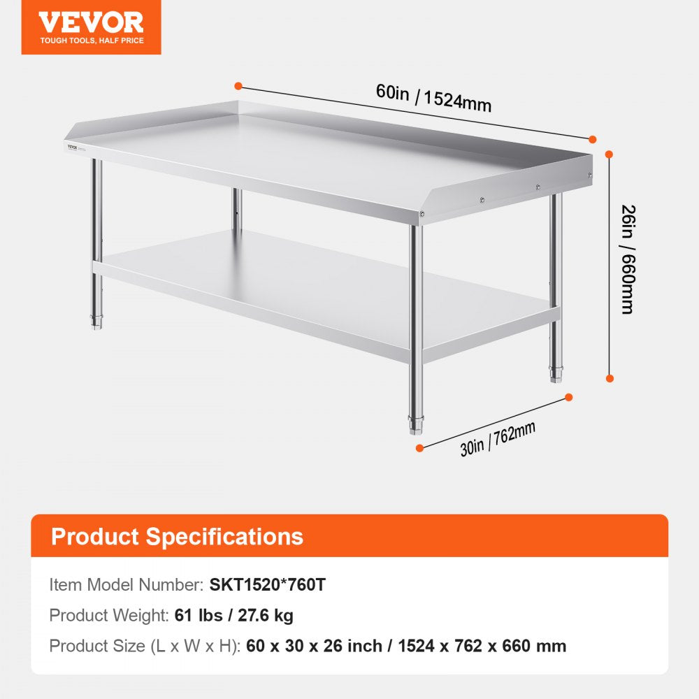 Stainless Steel Work Table, 30 x 60 x 26 Inch Commercial Food Prep Worktable, 3-Sided Backsplash Heavy Duty Prep Worktable, Metal Work Table with Adjustable Height for Restaurant Home Hotel