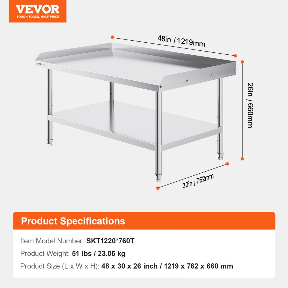 Stainless Steel Work Table, 30 x 48 x 26 Inch Commercial Food Prep Worktable, 3-Sided Backsplash Heavy Duty Prep Worktable, Metal Work Table with Adjustable Height for Restaurant Home Hotel