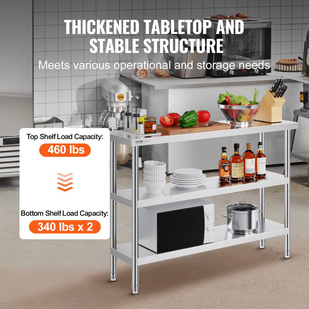 Stainless Steel Food Prep Table, 14 x 48 x 34 Inch Commercial Kitchen Worktable, with 2 Adjustable Undershelf, Heavy Duty Prep Table Metal Work Table for BBQ, Kitchen, Home, and Garage