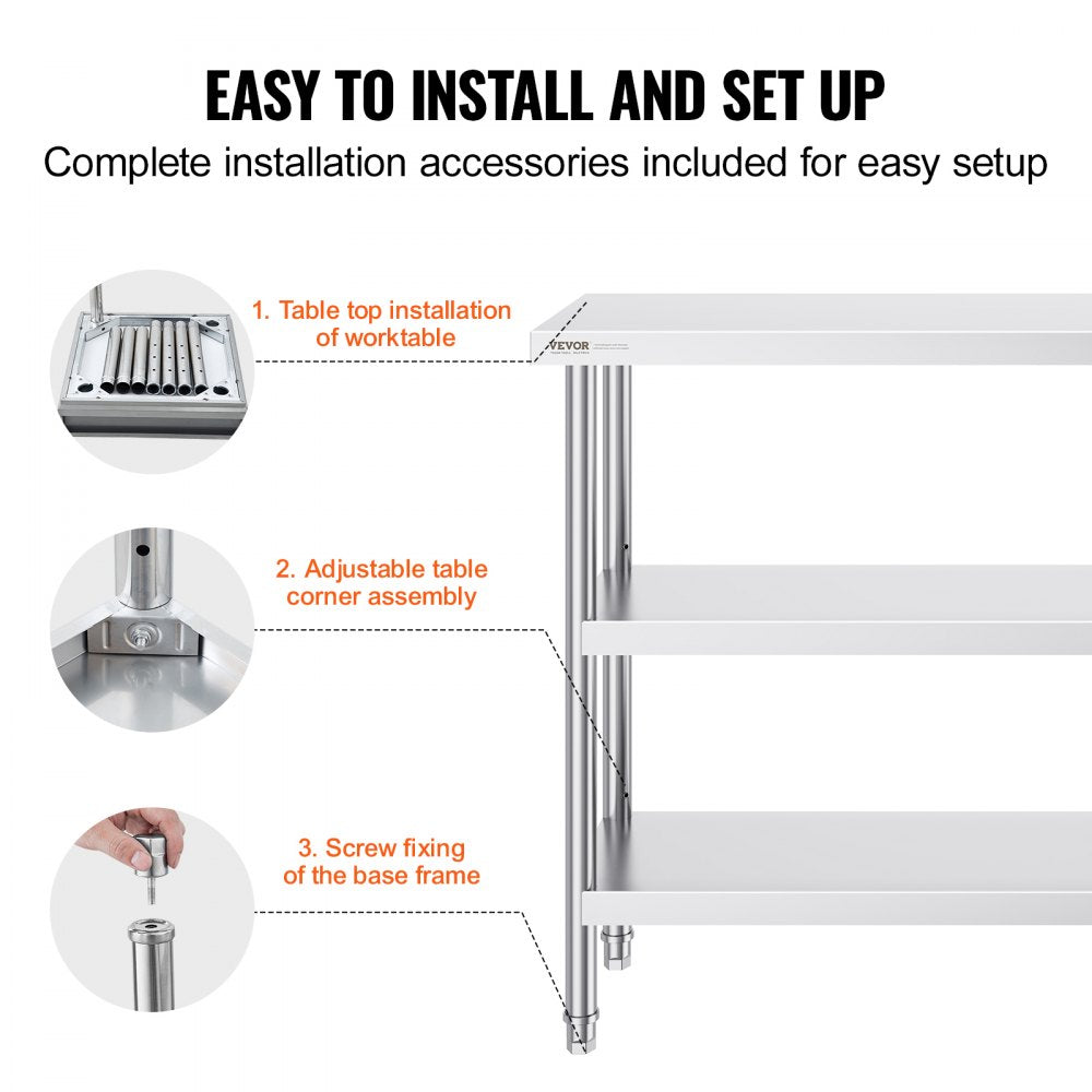 Stainless Steel Food Prep Table, 14 x 48 x 34 Inch Commercial Kitchen Worktable, with 2 Adjustable Undershelf, Heavy Duty Prep Table Metal Work Table for BBQ, Kitchen, Home, and Garage
