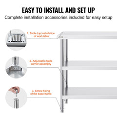 Stainless Steel Food Prep Table, 14 x 48 x 34 Inch Commercial Kitchen Worktable, with 2 Adjustable Undershelf, Heavy Duty Prep Table Metal Work Table for BBQ, Kitchen, Home, and Garage