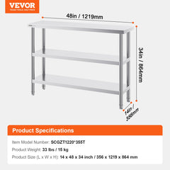 Stainless Steel Food Prep Table, 14 x 48 x 34 Inch Commercial Kitchen Worktable, with 2 Adjustable Undershelf, Heavy Duty Prep Table Metal Work Table for BBQ, Kitchen, Home, and Garage