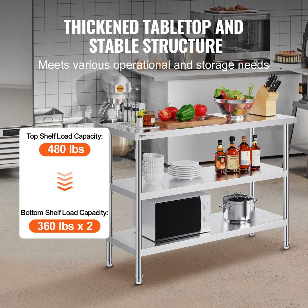 Stainless Steel Food Prep Table, 18 x 48 x 34 Inch Commercial Kitchen Worktable, with 2 Adjustable Undershelf, Heavy Duty Prep Table Metal Work Table for BBQ, Kitchen, Home, and Garage