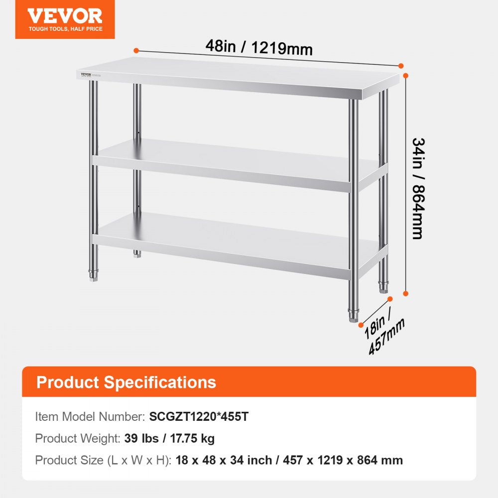 Stainless Steel Food Prep Table, 18 x 48 x 34 Inch Commercial Kitchen Worktable, with 2 Adjustable Undershelf, Heavy Duty Prep Table Metal Work Table for BBQ, Kitchen, Home, and Garage