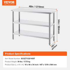 Stainless Steel Food Prep Table, 18 x 48 x 34 Inch Commercial Kitchen Worktable, with 2 Adjustable Undershelf, Heavy Duty Prep Table Metal Work Table for BBQ, Kitchen, Home, and Garage