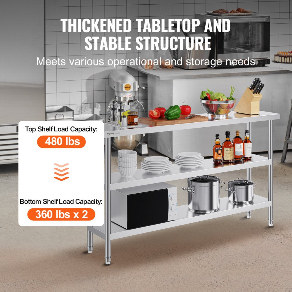 Stainless Steel Food Prep Table, 14 x 60 x 34 Inch Commercial Kitchen Worktable, with 2 Adjustable Undershelf, Heavy Duty Prep Table Metal Work Table for BBQ, Kitchen, Home, and Garage