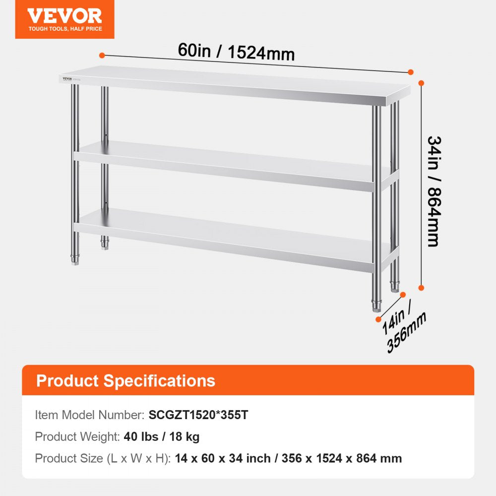 Stainless Steel Food Prep Table, 14 x 60 x 34 Inch Commercial Kitchen Worktable, with 2 Adjustable Undershelf, Heavy Duty Prep Table Metal Work Table for BBQ, Kitchen, Home, and Garage