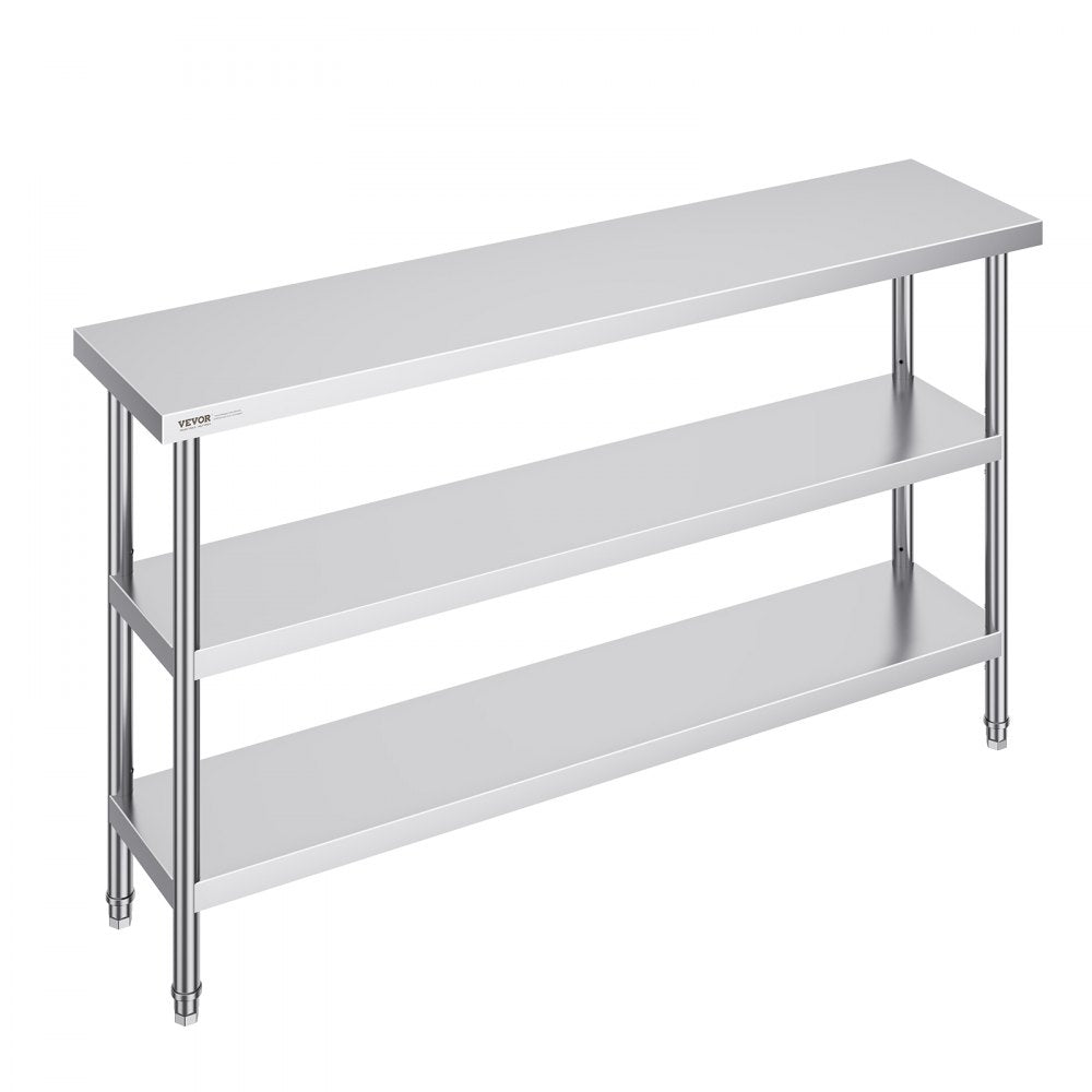 Stainless Steel Food Prep Table, 14 x 60 x 34 Inch Commercial Kitchen Worktable, with 2 Adjustable Undershelf, Heavy Duty Prep Table Metal Work Table for BBQ, Kitchen, Home, and Garage