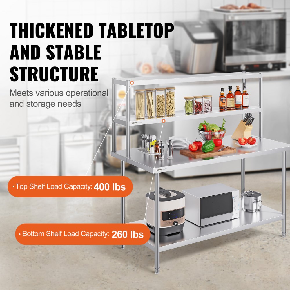 Double Overshelf, Double Tier Stainless Steel Overshelf, 12 x 60 Inch Double Deck Overshelf, Height Adjustable Overshelf Prep Work Table for Kitchen, Restaurant and Workshop