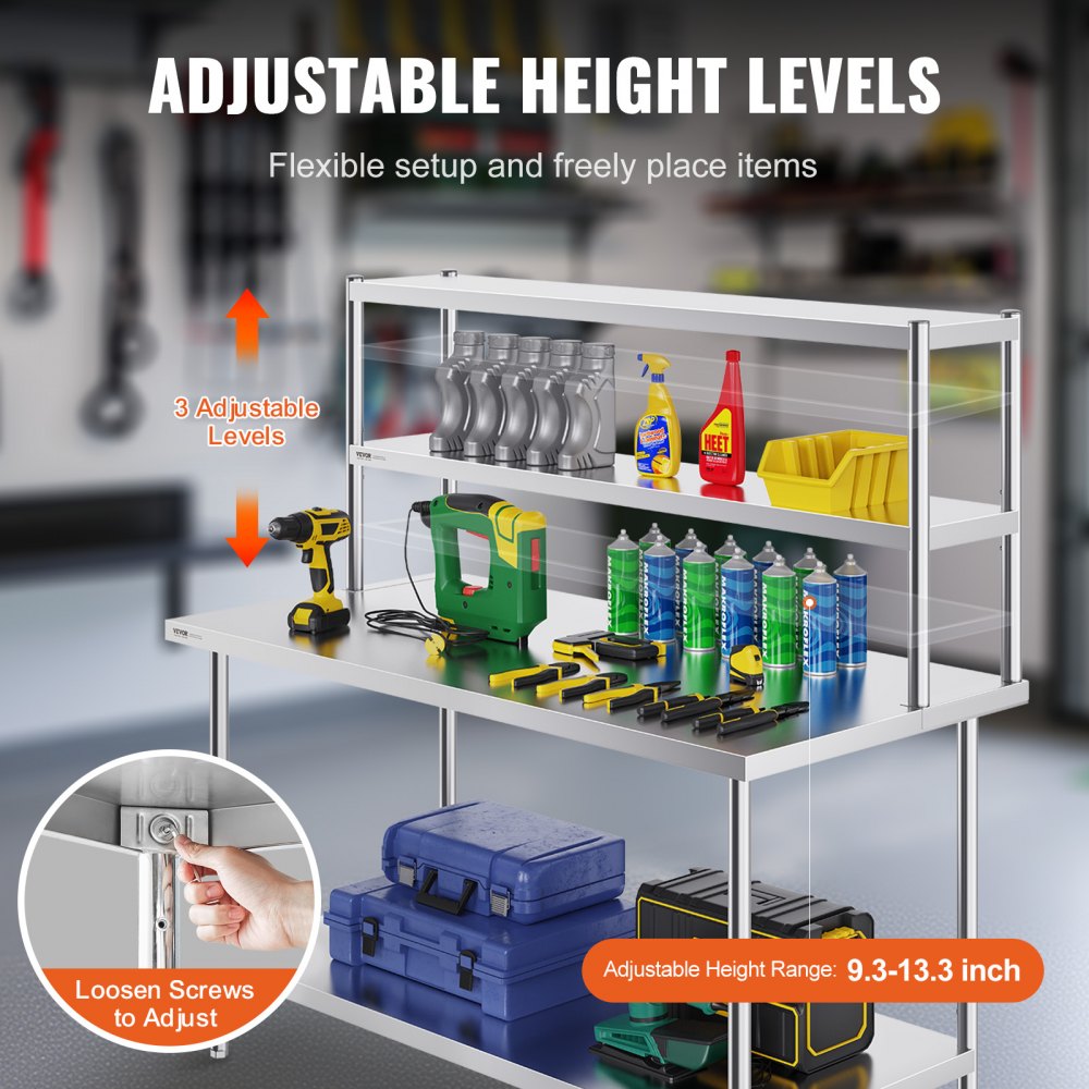 Double Overshelf, Double Tier Stainless Steel Overshelf, 12 x 60 Inch Double Deck Overshelf, Height Adjustable Overshelf Prep Work Table for Kitchen, Restaurant and Workshop