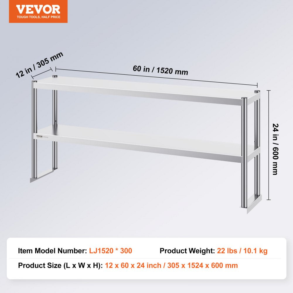 Double Overshelf, Double Tier Stainless Steel Overshelf, 12 x 60 Inch Double Deck Overshelf, Height Adjustable Overshelf Prep Work Table for Kitchen, Restaurant and Workshop