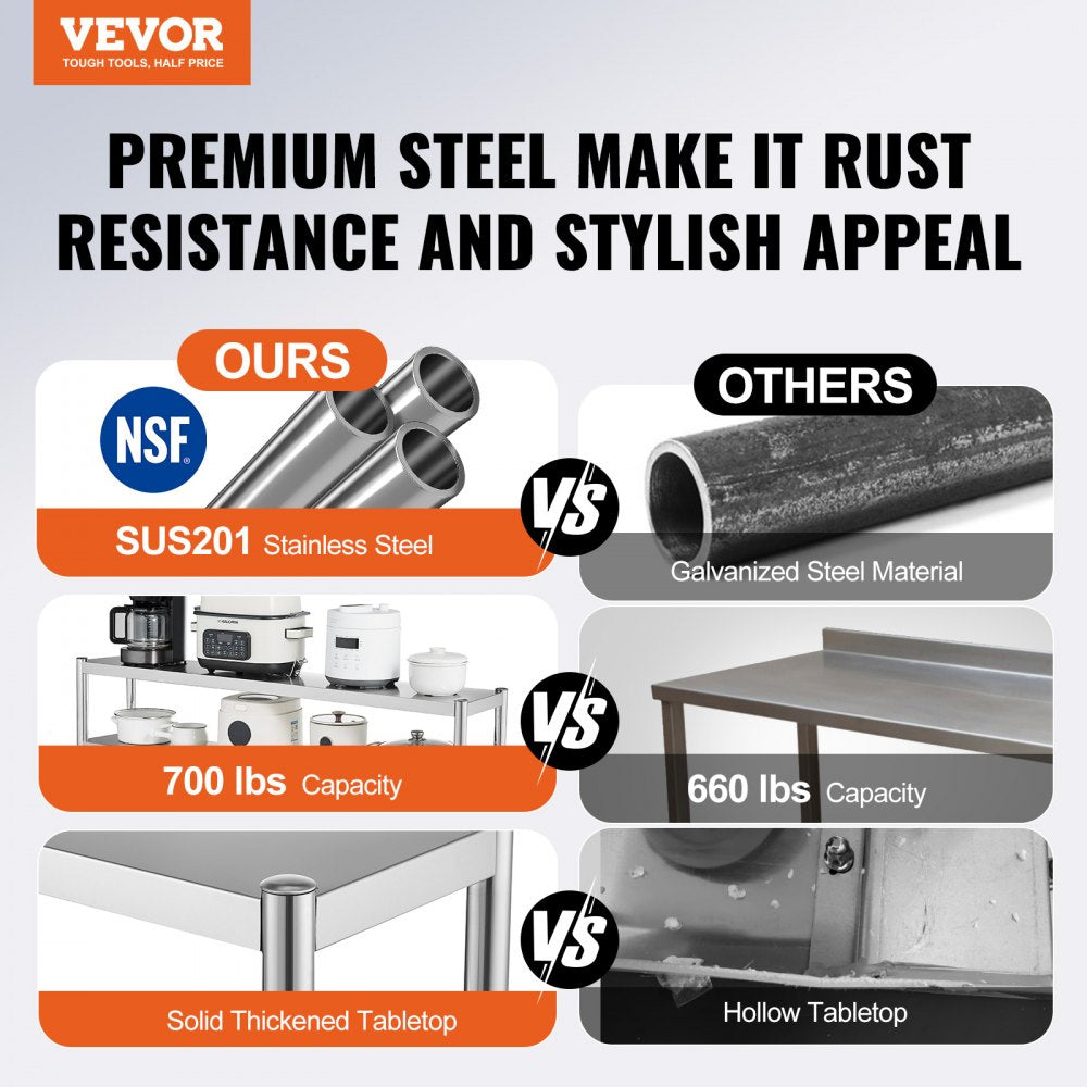 Double Overshelf, Double Tier Stainless Steel Overshelf, 12 x 72 Inch Double Deck Overshelf, Height Adjustable Overshelf Prep Work Table for Kitchen, Restaurant and Workshop
