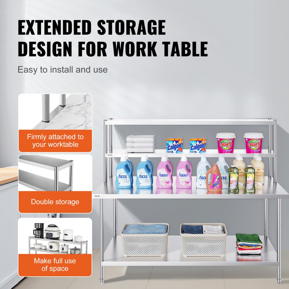 Double Overshelf, Double Tier Stainless Steel Overshelf, 12 x 72 Inch Double Deck Overshelf, Height Adjustable Overshelf Prep Work Table for Kitchen, Restaurant and Workshop