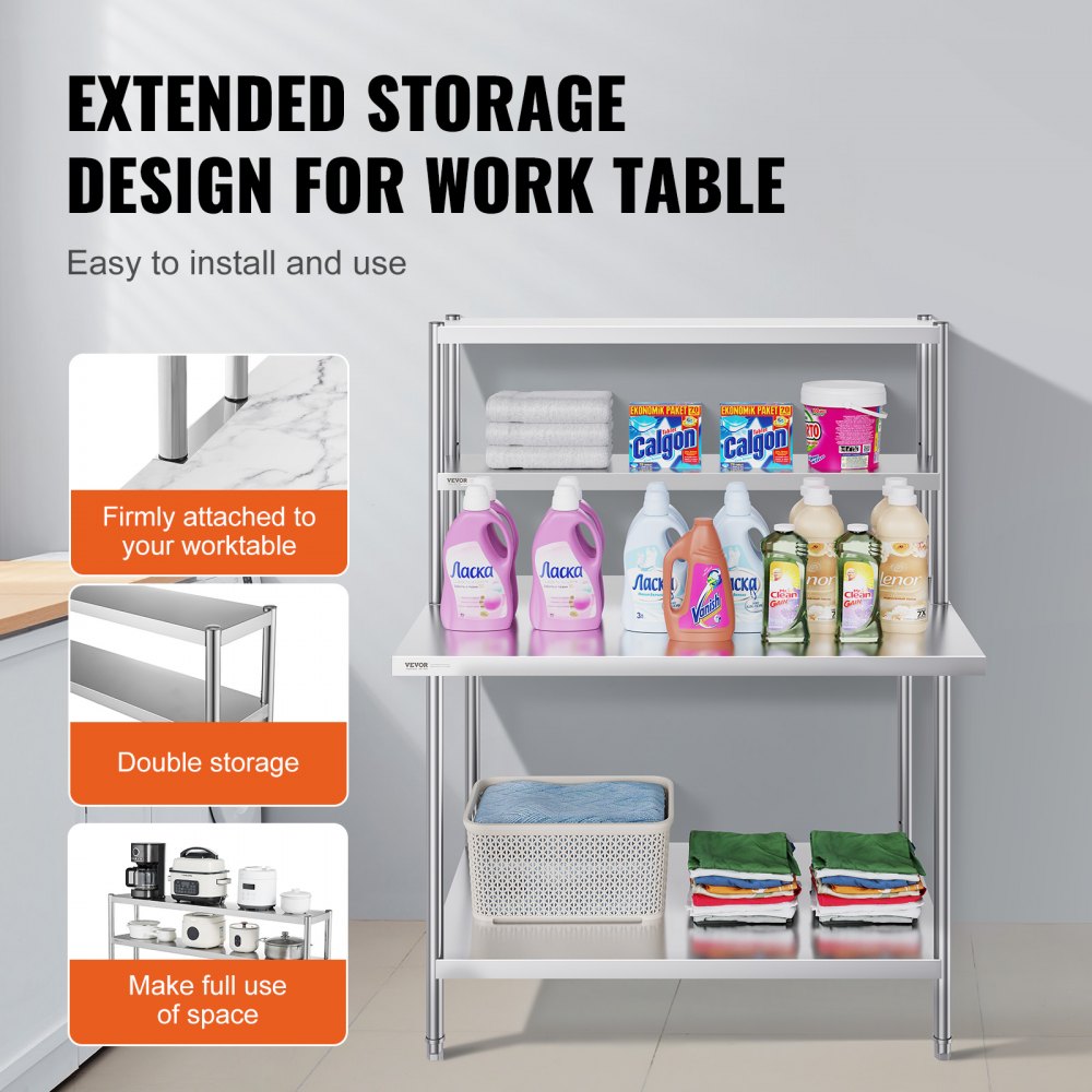 Double Overshelf, Double Tier Stainless Steel Overshelf, 12 x 48 Inch Double Deck Overshelf, Height Adjustable Overshelf Prep Work Table for Kitchen, Restaurant and Workshop