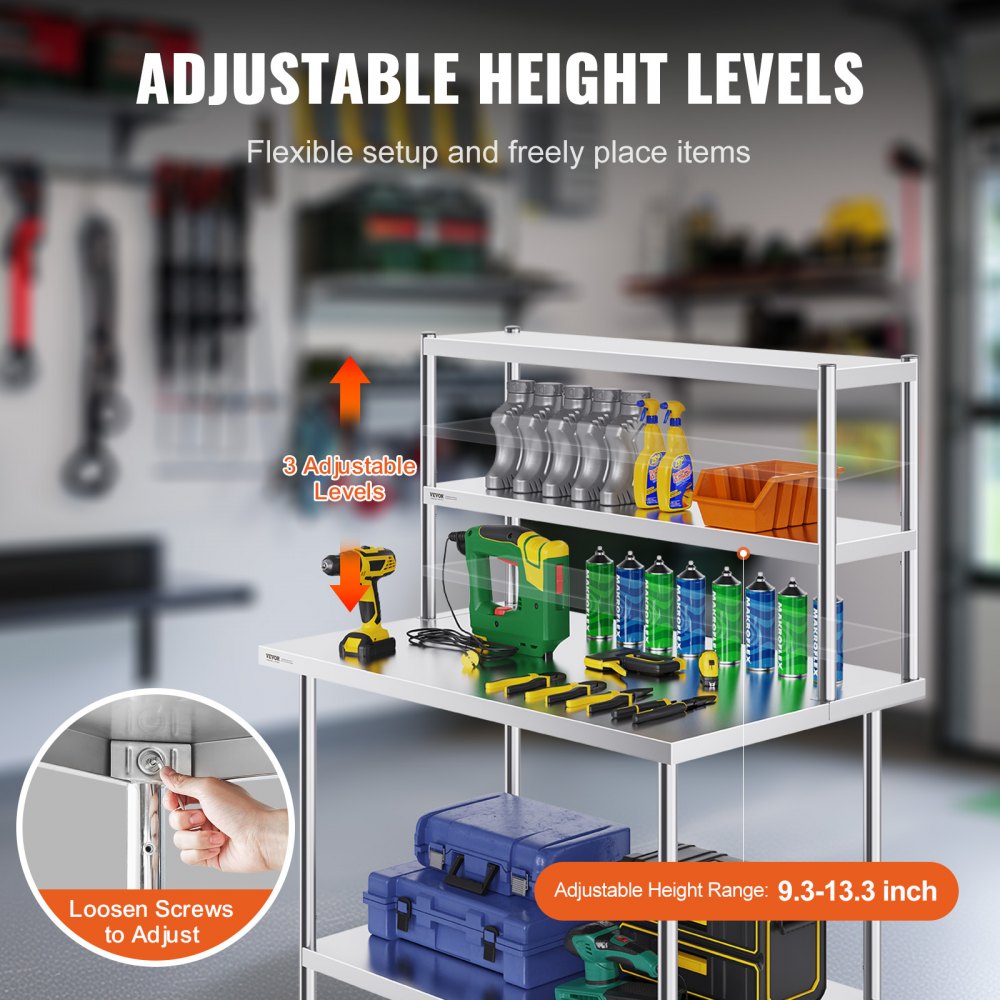 Double Overshelf, Double Tier Stainless Steel Overshelf, 12 x 48 Inch Double Deck Overshelf, Height Adjustable Overshelf Prep Work Table for Kitchen, Restaurant and Workshop