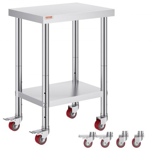 24x18x34 Inch Stainless Steel Work Table 3-Stage Adjustable Shelf with 4 Wheels Heavy Duty Commercial Food Prep Worktable with Brake for Kitchen Prep Work