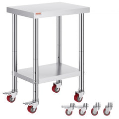 24x18x34 Inch Stainless Steel Work Table 3-Stage Adjustable Shelf with 4 Wheels Heavy Duty Commercial Food Prep Worktable with Brake for Kitchen Prep Work