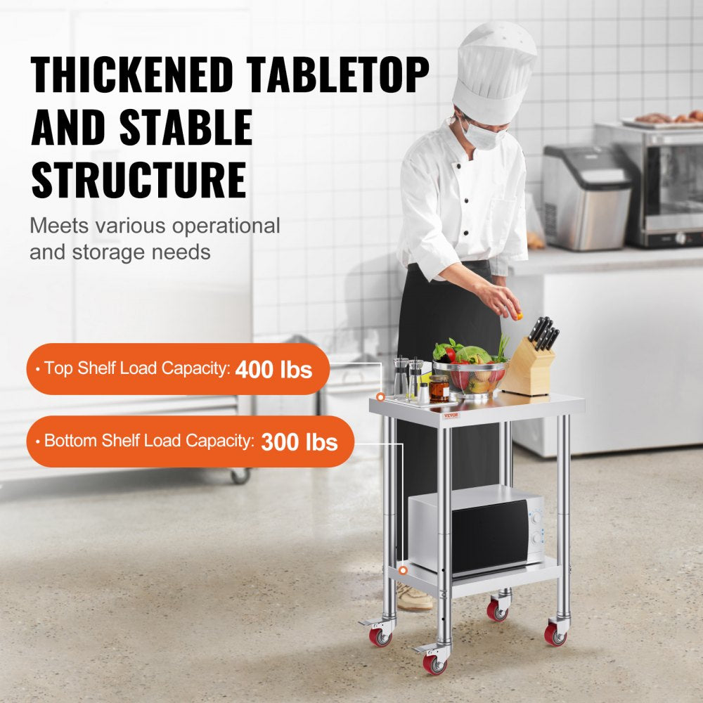24x18x34 Inch Stainless Steel Work Table 3-Stage Adjustable Shelf with 4 Wheels Heavy Duty Commercial Food Prep Worktable with Brake for Kitchen Prep Work