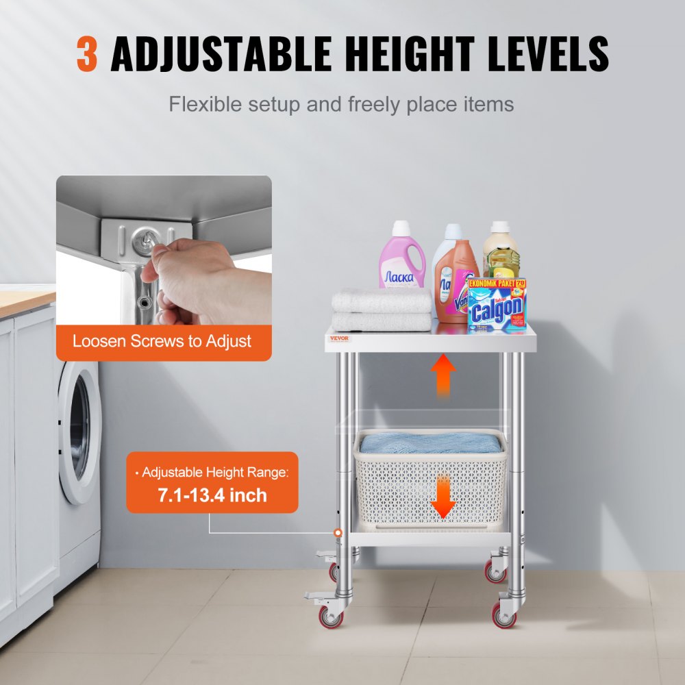 24x18x34 Inch Stainless Steel Work Table 3-Stage Adjustable Shelf with 4 Wheels Heavy Duty Commercial Food Prep Worktable with Brake for Kitchen Prep Work