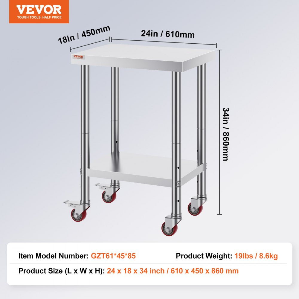 24x18x34 Inch Stainless Steel Work Table 3-Stage Adjustable Shelf with 4 Wheels Heavy Duty Commercial Food Prep Worktable with Brake for Kitchen Prep Work