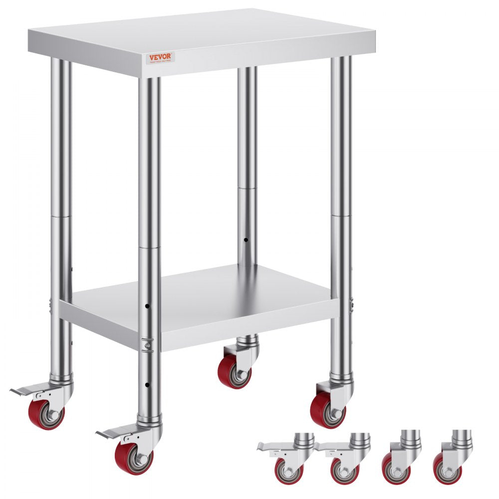 24x18x34 Inch Stainless Steel Work Table 3-Stage Adjustable Shelf with 4 Wheels Heavy Duty Commercial Food Prep Worktable with Brake for Kitchen Prep Work
