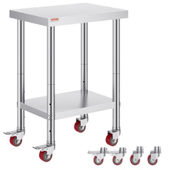 24x18x34 Inch Stainless Steel Work Table 3-Stage Adjustable Shelf with 4 Wheels Heavy Duty Commercial Food Prep Worktable with Brake for Kitchen Prep Work