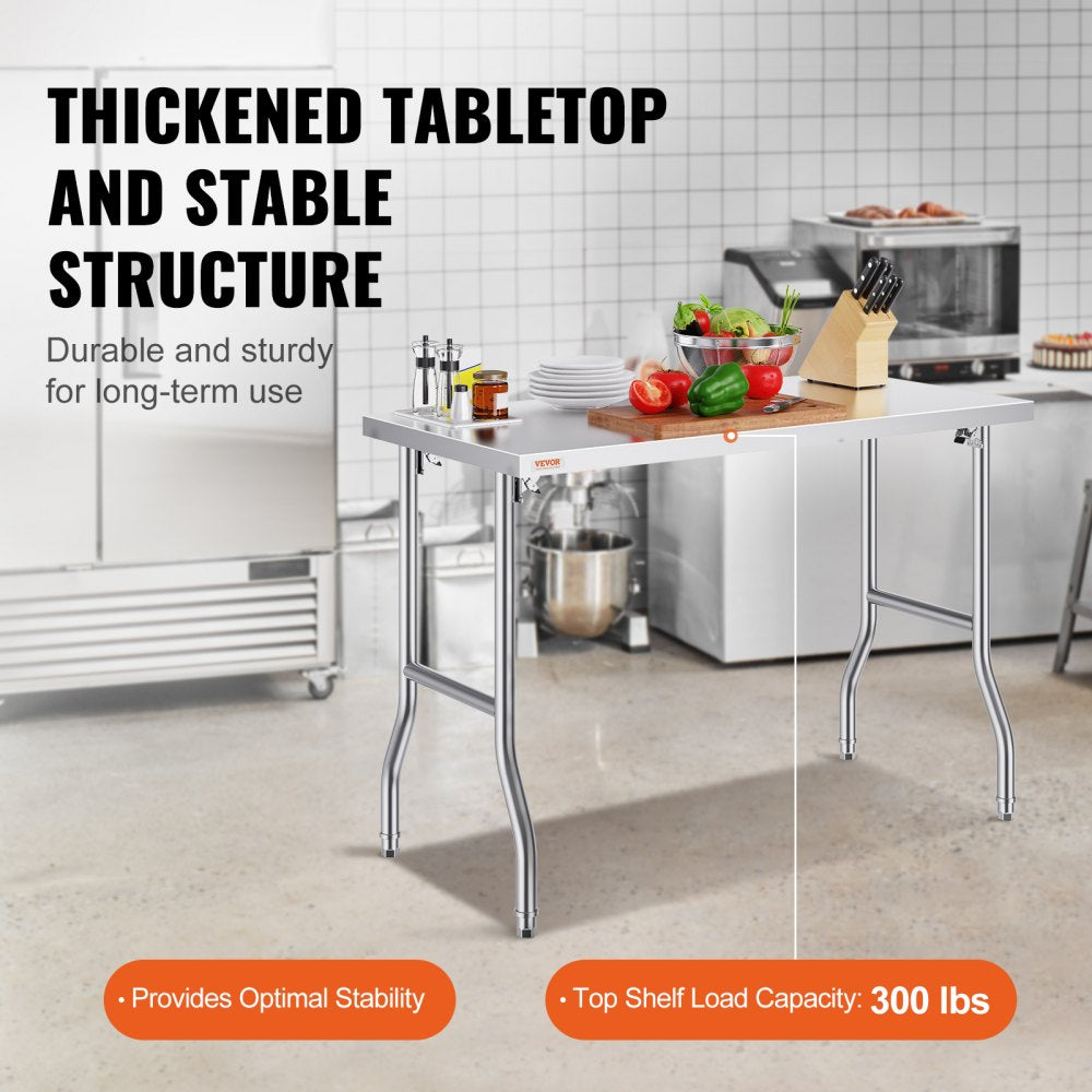 Commercial Worktable Workstation 48 x 24 Inch Folding Commercial Prep Table, Heavy-duty Stainless Steel Folding Table with 661 lbs Load, Kitchen Work Table, Silver Stainless Steel Kitchen Island