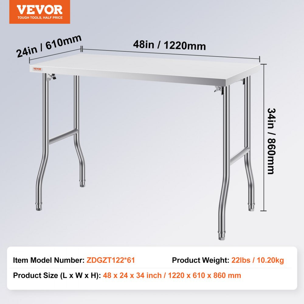 Commercial Worktable Workstation 48 x 24 Inch Folding Commercial Prep Table, Heavy-duty Stainless Steel Folding Table with 661 lbs Load, Kitchen Work Table, Silver Stainless Steel Kitchen Island