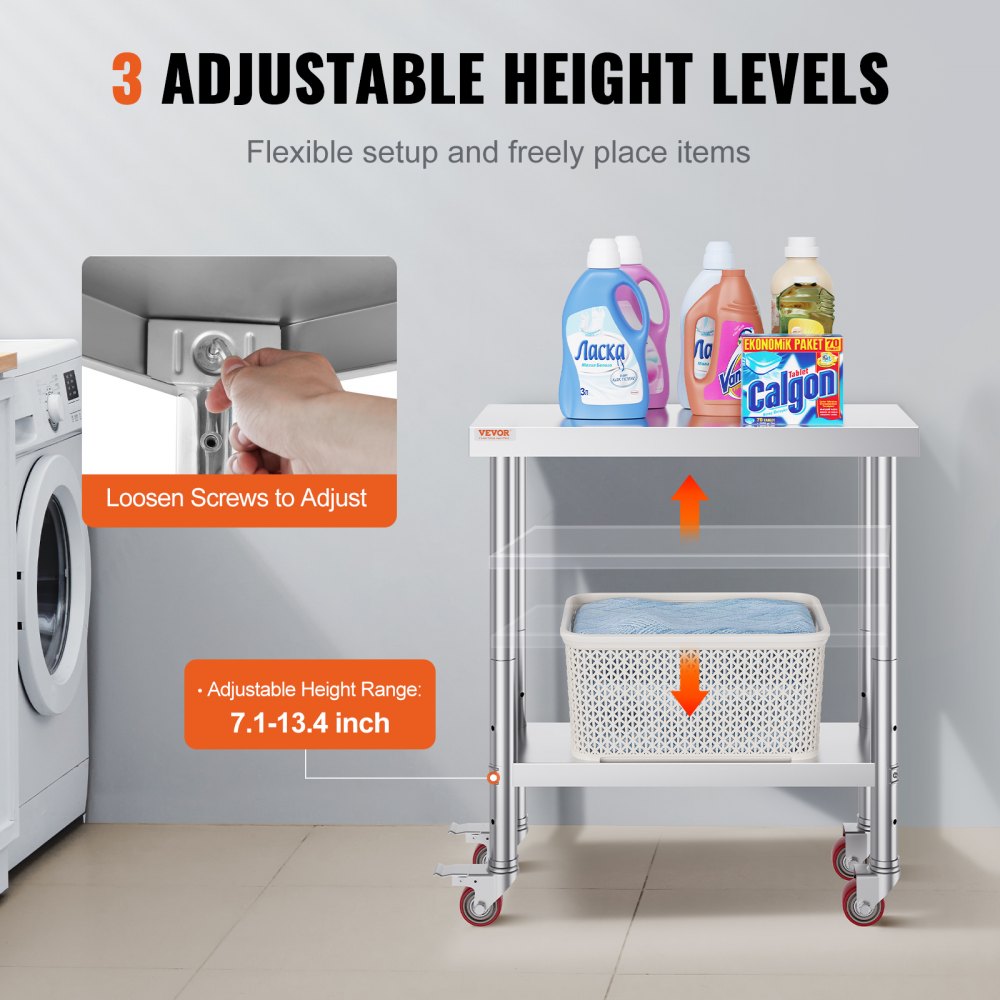 30x12x34 Inch Stainless Steel Work Table 3-Stage Adjustable Shelf with 4 Wheels Heavy Duty Commercial Food Prep Worktable with Brake for Kitchen Prep Work