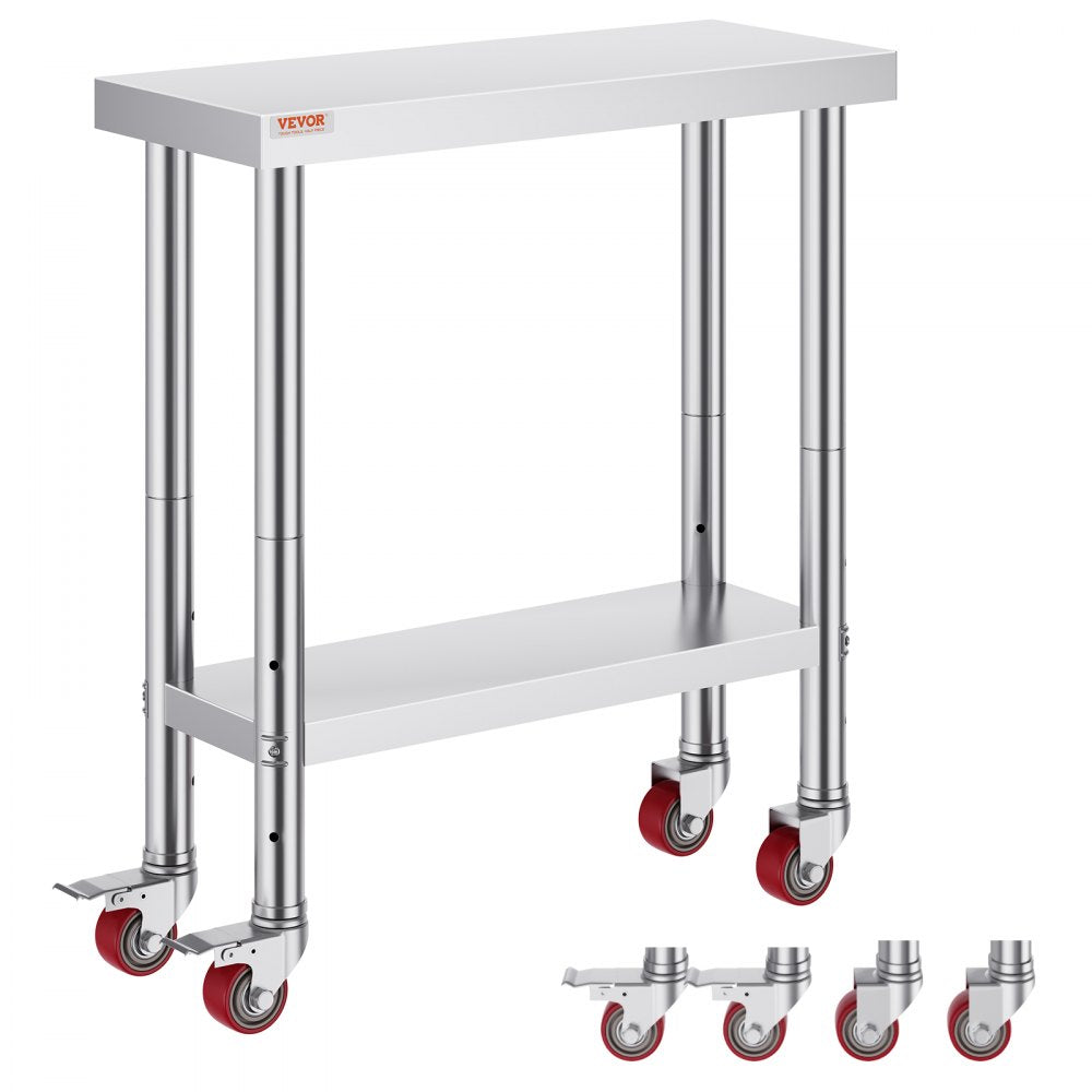 30x12x34 Inch Stainless Steel Work Table 3-Stage Adjustable Shelf with 4 Wheels Heavy Duty Commercial Food Prep Worktable with Brake for Kitchen Prep Work