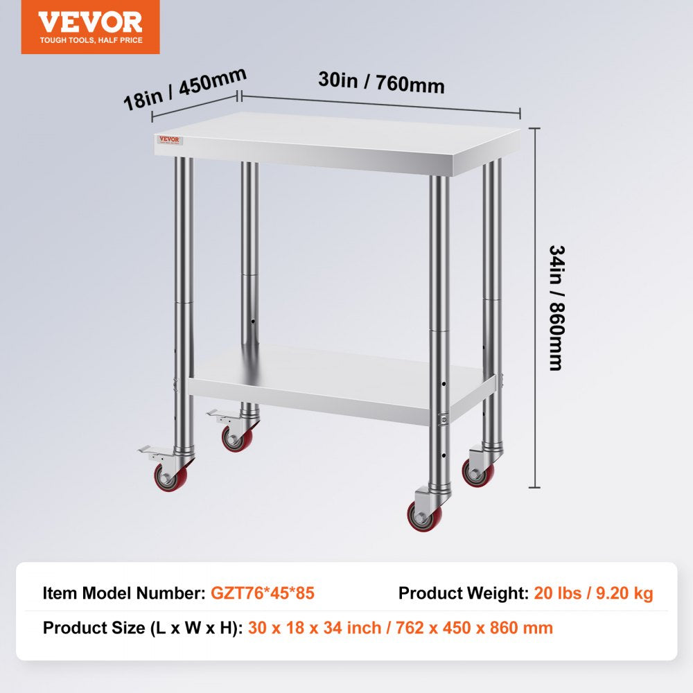 30x18x34 Inch Stainless Steel Work Table 3-Stage Adjustable Shelf with 4 Wheels Heavy Duty Commercial Food Prep Worktable with Brake for Kitchen Prep Work