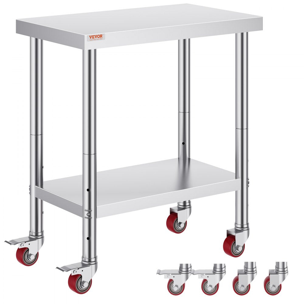 30x18x34 Inch Stainless Steel Work Table 3-Stage Adjustable Shelf with 4 Wheels Heavy Duty Commercial Food Prep Worktable with Brake for Kitchen Prep Work