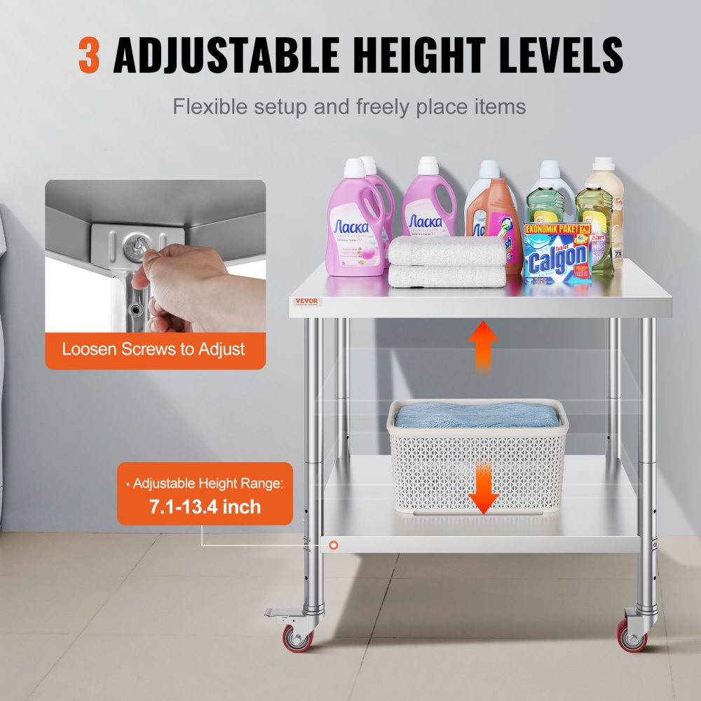 30x36x34 Inch Stainless Steel Work Table 3-Stage Adjustable Shelf with 4 Wheels Heavy Duty Commercial Food Prep Worktable with Brake for Kitchen Prep Work