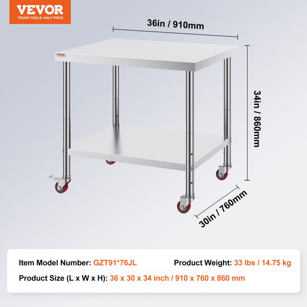 30x36x34 Inch Stainless Steel Work Table 3-Stage Adjustable Shelf with 4 Wheels Heavy Duty Commercial Food Prep Worktable with Brake for Kitchen Prep Work