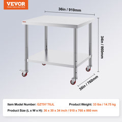 30x36x34 Inch Stainless Steel Work Table 3-Stage Adjustable Shelf with 4 Wheels Heavy Duty Commercial Food Prep Worktable with Brake for Kitchen Prep Work
