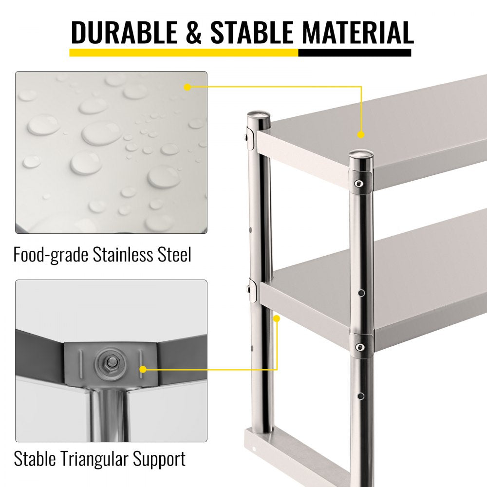 Double Overshelf, Double Tier Stainless Steel Overshelf, 60 in. Length x 12 in. Width Double Deck Overshelf, Height Adjustable Overshelf for Prep & Work Table in Kitchen, Restaurant and Workshop