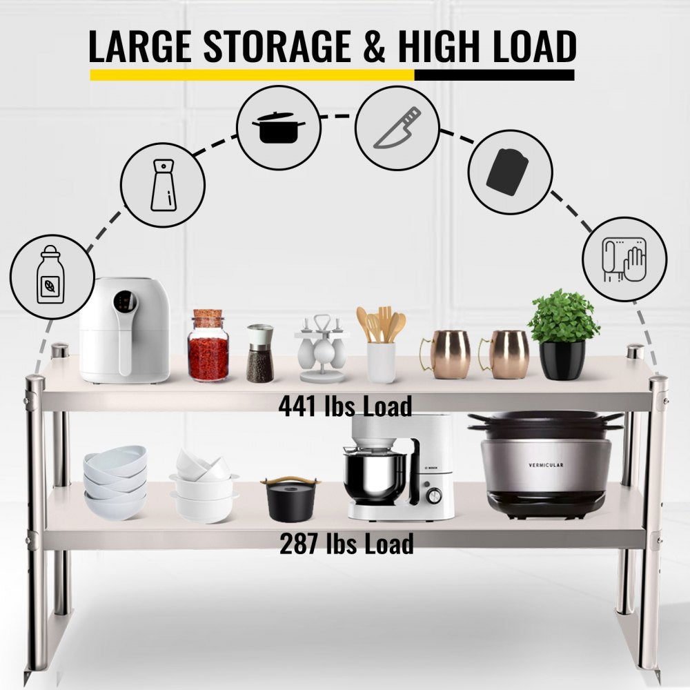 Double Overshelf, Double Tier Stainless Steel Overshelf, 60 in. Length x 12 in. Width Double Deck Overshelf, Height Adjustable Overshelf for Prep & Work Table in Kitchen, Restaurant and Workshop