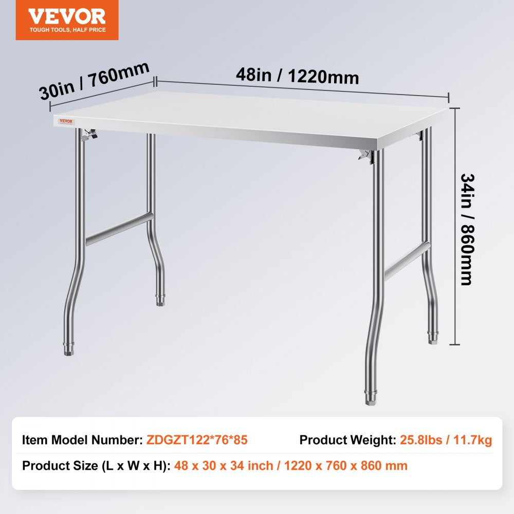 48 x 30 Inch Folding Commercial Prep Table Commercial Worktable Workstation, Heavy-Duty Stainless Steel Folding Table with 220 lbs Load, Silver Stainless Steel Kitchen Island，Kitchen Work Table