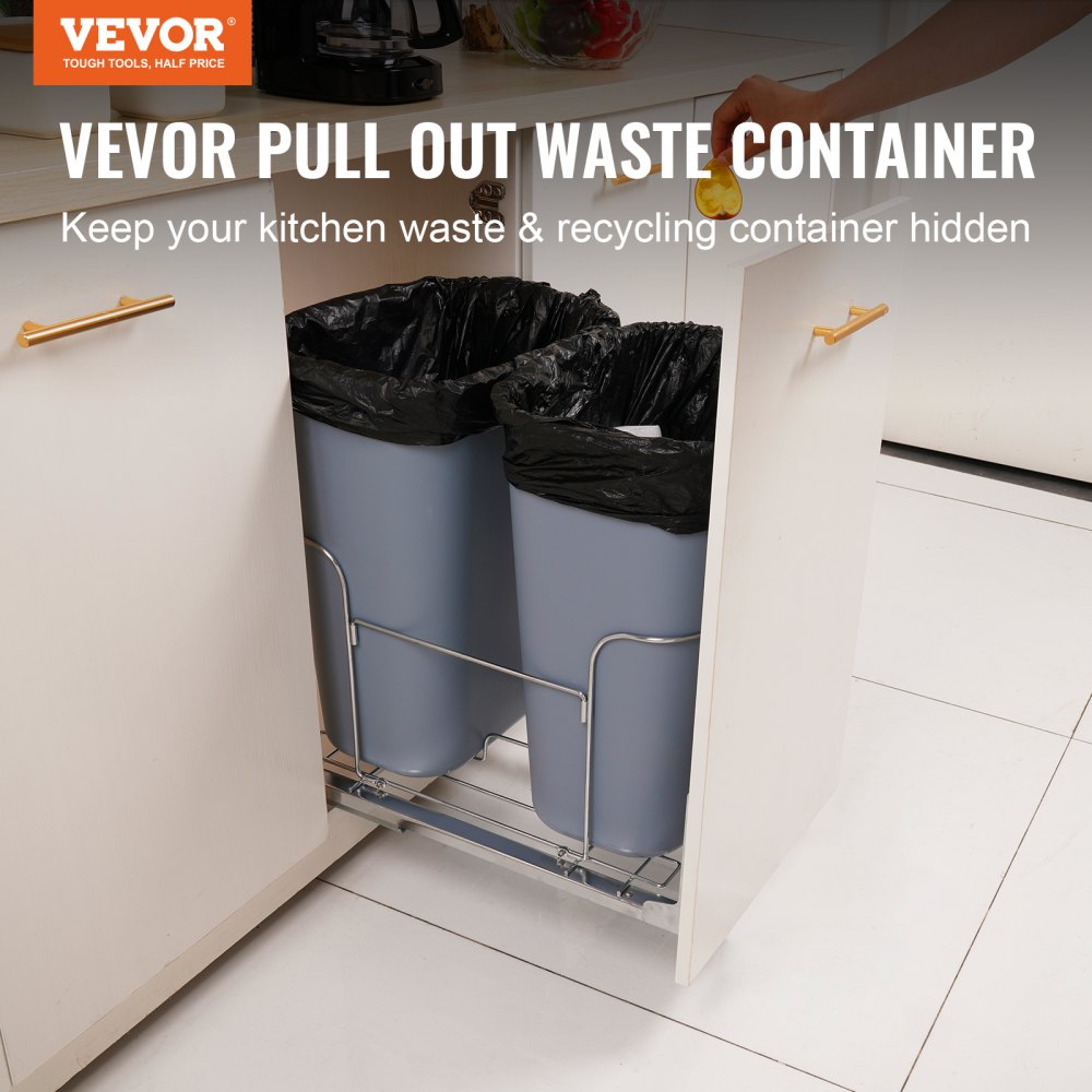 Pull-Out Trash Can, 35Lx2 Double Bins, Under Mount Kitchen Waste Container with Slide and Door Mounting Kit, 110 lbs Load Capacity Heavy Duty Garbage Recycling Bin for Kitchen Cabinet, Sink