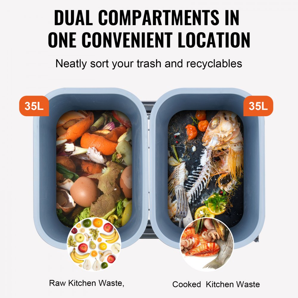 Pull-Out Trash Can, 35Lx2 Double Bins, Under Mount Kitchen Waste Container with Slide and Door Mounting Kit, 110 lbs Load Capacity Heavy Duty Garbage Recycling Bin for Kitchen Cabinet, Sink
