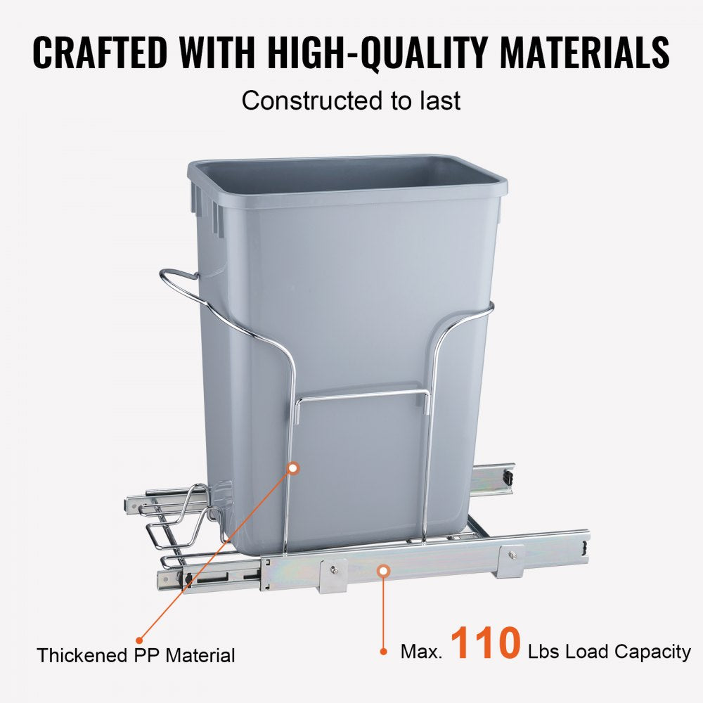 Pull-Out Trash Can, 29L Single Bin, Under Mount Kitchen Waste Container with Slide and Handle, 110 lbs Load Capacity Heavy Duty Garbage Recycling Bin for Kitchen Cabinet, Sink, Under Counter