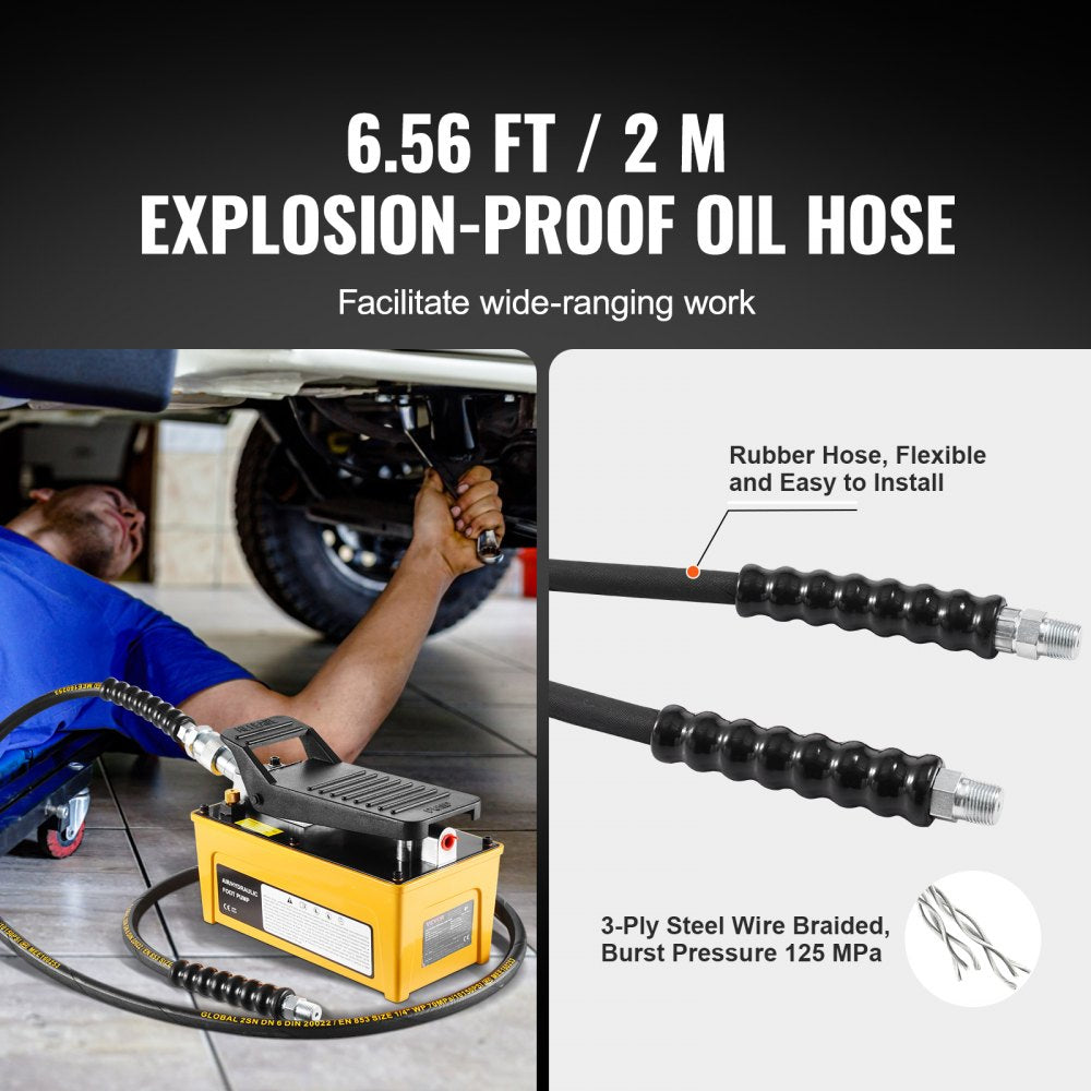 Yellow Bostome air hydraulic foot pump with black 6.56 ft explosion-proof oil hose and foot pedal.