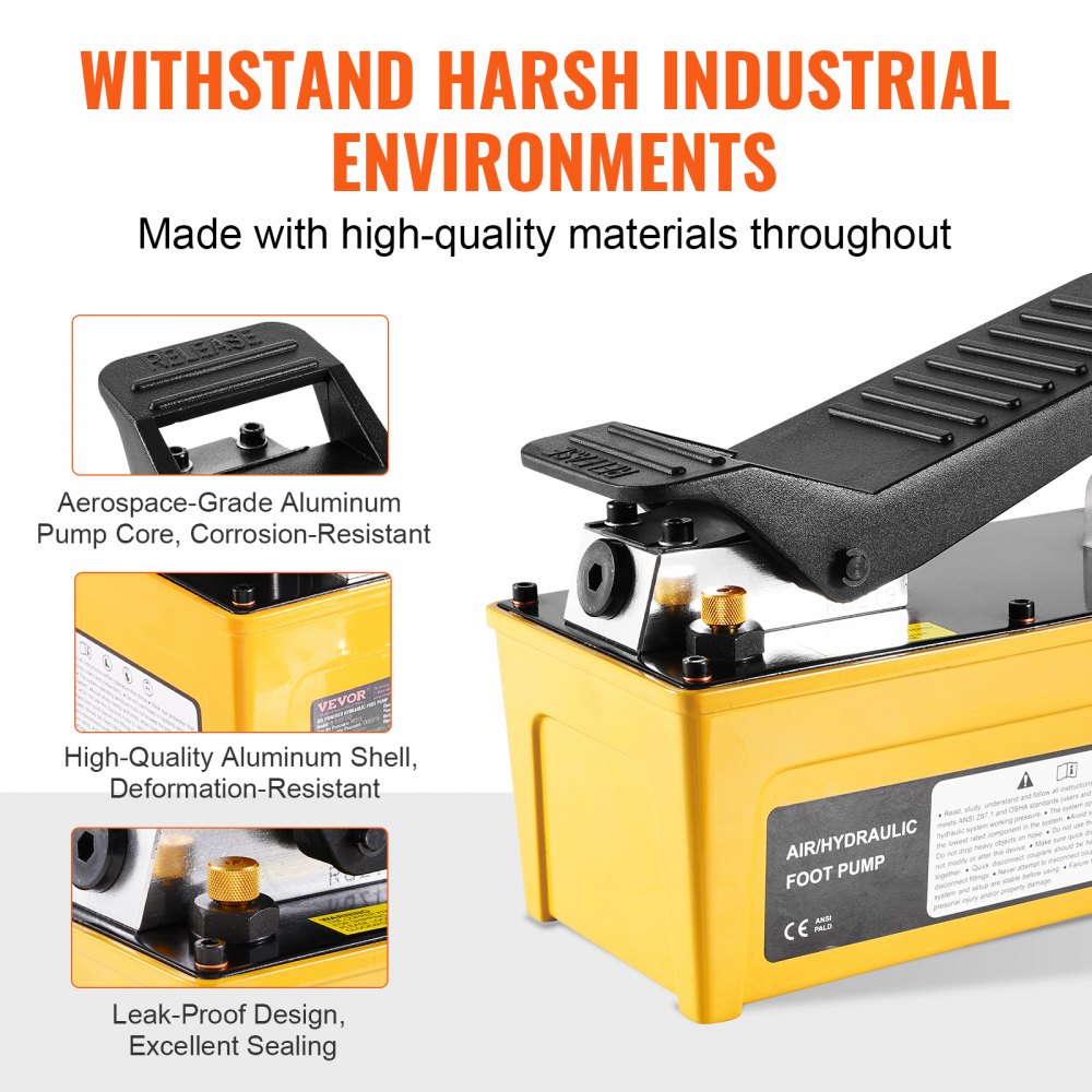 Yellow air hydraulic foot pump with aluminum shell, foot pedal, and gauges.