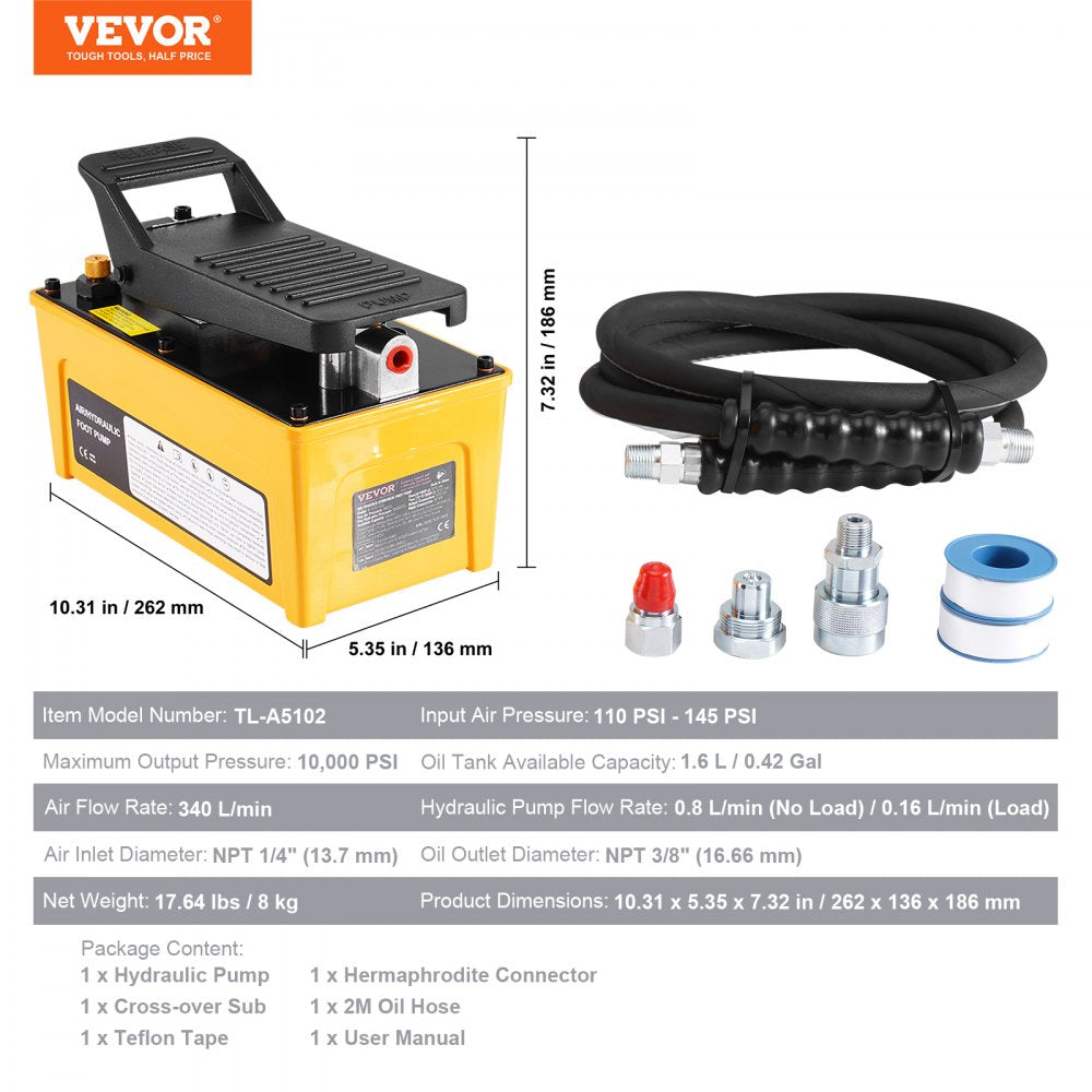 Yellow Bostome air hydraulic foot pump with 10,000 PSI capacity, 1.6L oil tank, foot pedal, and attached hose.