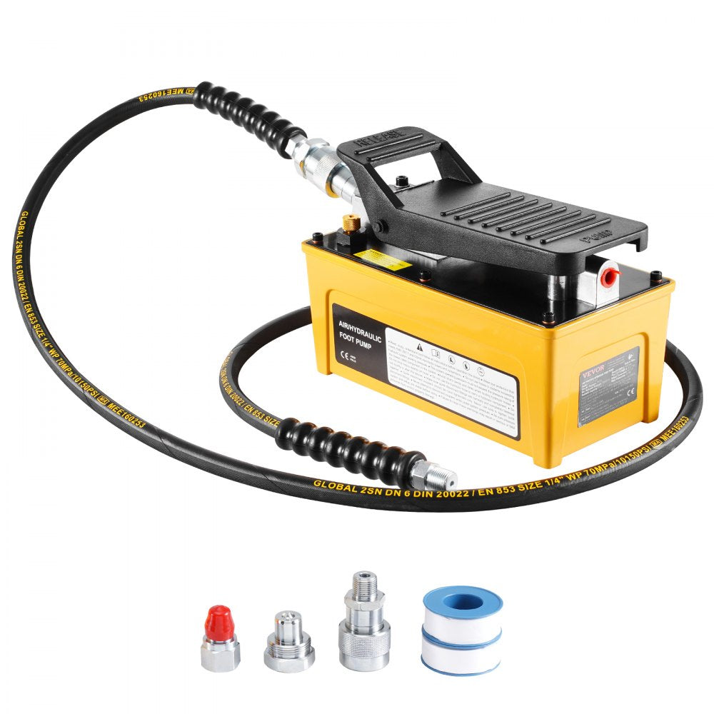 Yellow Bostome air hydraulic foot pump with black hose and accessories.