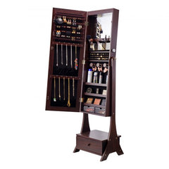Brown standing jewelry cabinet with full-length mirror, drawers, and shelves for storage.