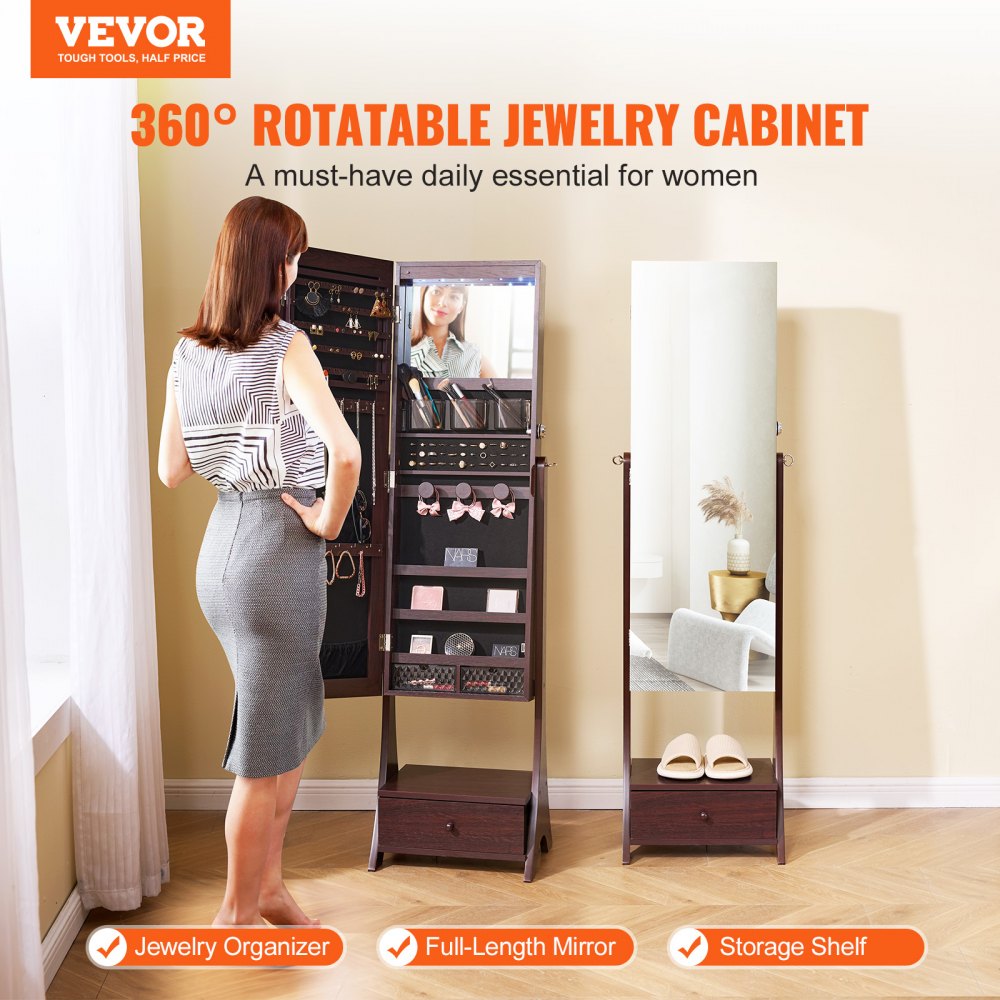 Brown standing jewelry cabinet with full-length mirror, drawers, and shelves for storage.