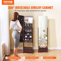 Brown standing jewelry cabinet with full-length mirror, drawers, and shelves for storage.